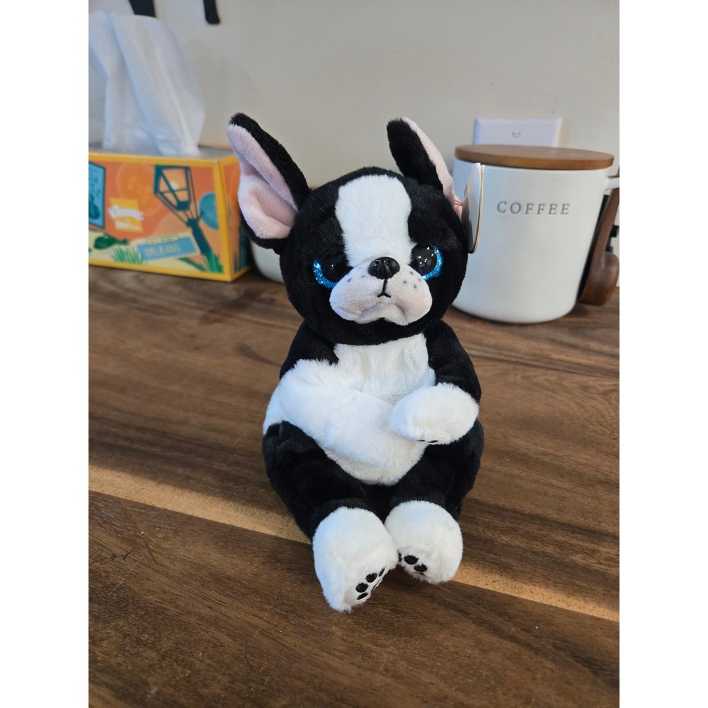 Ty Beanie Bellies Tink Boston Terrier Black White Dog Plush Blue Glitter Eyes